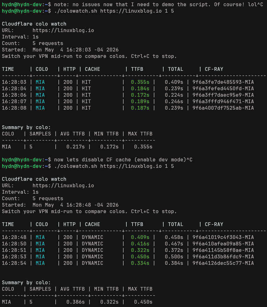 Terminal output from cf-colo-watcher showing consistently fast TTFB times across multiple MIA colo requests after the routing issue was resolved