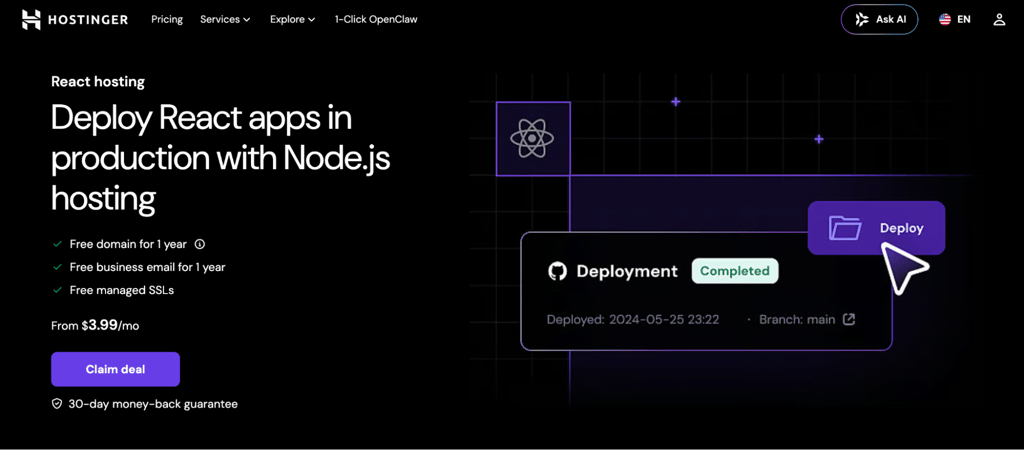 hostinger-react-hosting-homepage Homepage of Hostinger React Hosting, a service who combines managed Node.js hosting, domains, free SSL, a CDN, and GitHub deployment on the same platform.