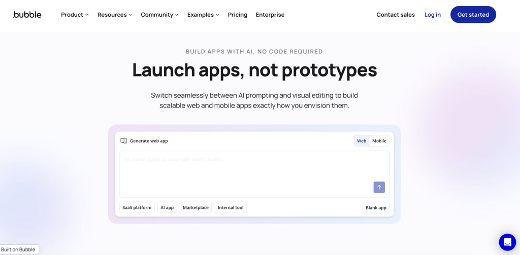 Bubble homepage highlighting its no-code app builder with the headline "Launch apps, not prototypes," an AI-powered app generation prompt, and options to create SaaS platforms, AI apps, marketplaces, internal tools, or blank apps for web and mobile.