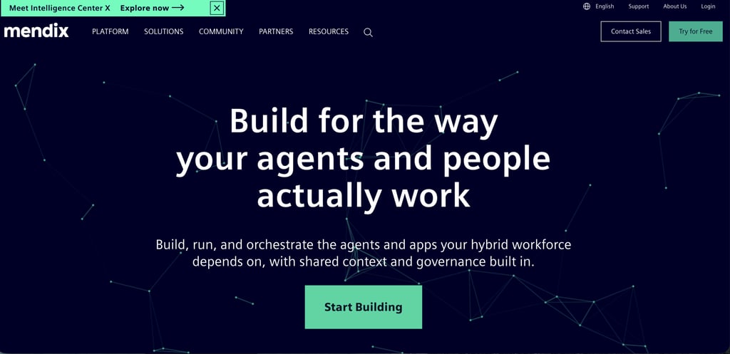 Mendix homepage promoting its low-code application development platform, featuring the headline "Build for the way your agents and people actually work," with messaging about building, running, and orchestrating AI agents and business applications, plus a prominent "Start Building" call-to-action.