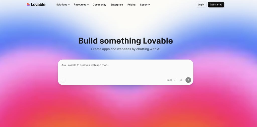 Lovable homepage showcasing its AI-powered no-code app builder, featuring the headline "Build something Lovable," a prompt box for describing an app or website idea in natural language, and messaging focused on creating apps and websites by chatting with AI.