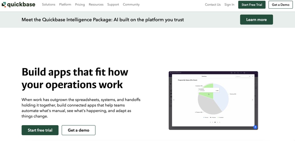 Quickbase homepage promoting its no-code application platform, featuring the headline "Build apps that fit how your operations work," with messaging focused on replacing spreadsheets with connected business apps, plus a dashboard preview and calls to start a free trial or request a demo.