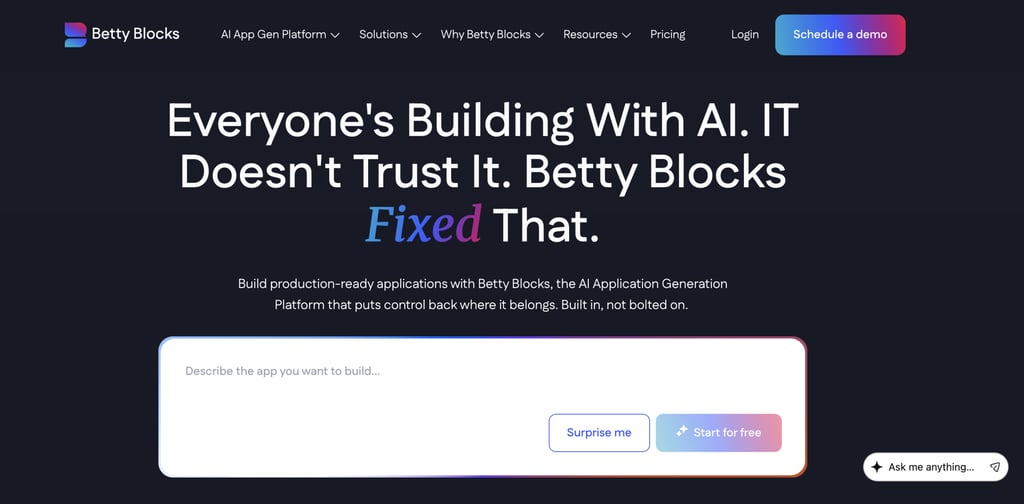 Betty Blocks homepage promoting its AI-powered no-code application platform, featuring the headline "Everyone's Building With AI. IT Doesn't Trust It. Betty Blocks Fixed That," a prompt box for describing an app idea, and messaging focused on building production-ready business applications with built-in governance and AI.