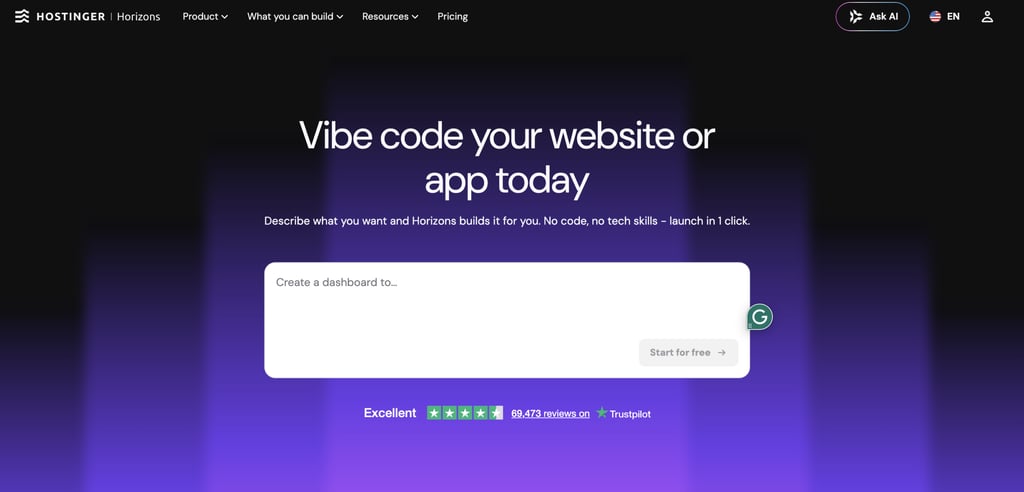Hostinger Horizons homepage showing an AI-powered no-code app builder with the headline "Vibe code your website or app today," a prompt box for describing the app to build, and a one-click launch interface.