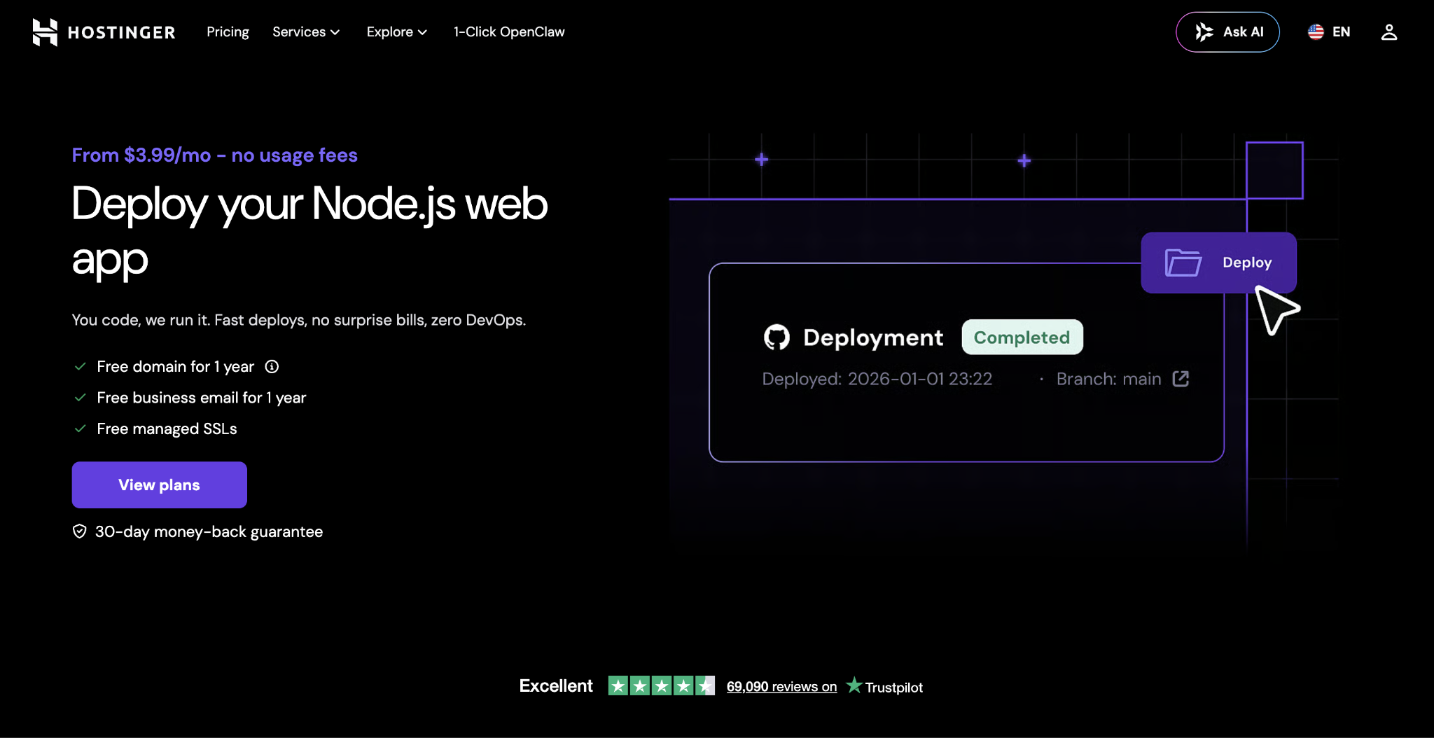 Hostinger Node.js hosting landing page