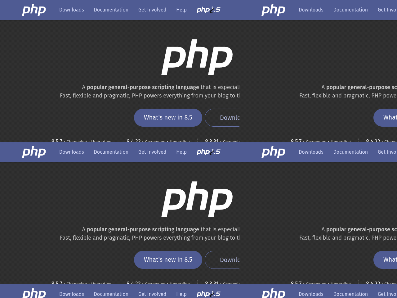 A corrupted screenshot of the php.net website, where the site is tiled left to right and top to bottom.