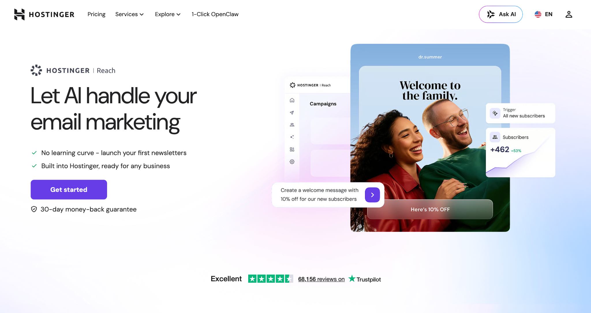 Hostinger Reach's landing page