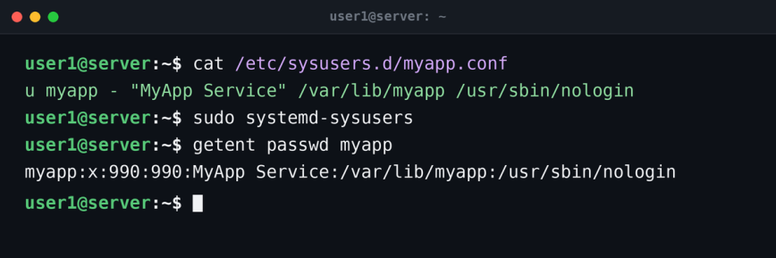 Creating a declarative service account with a sysusers.d file and systemd-sysusers