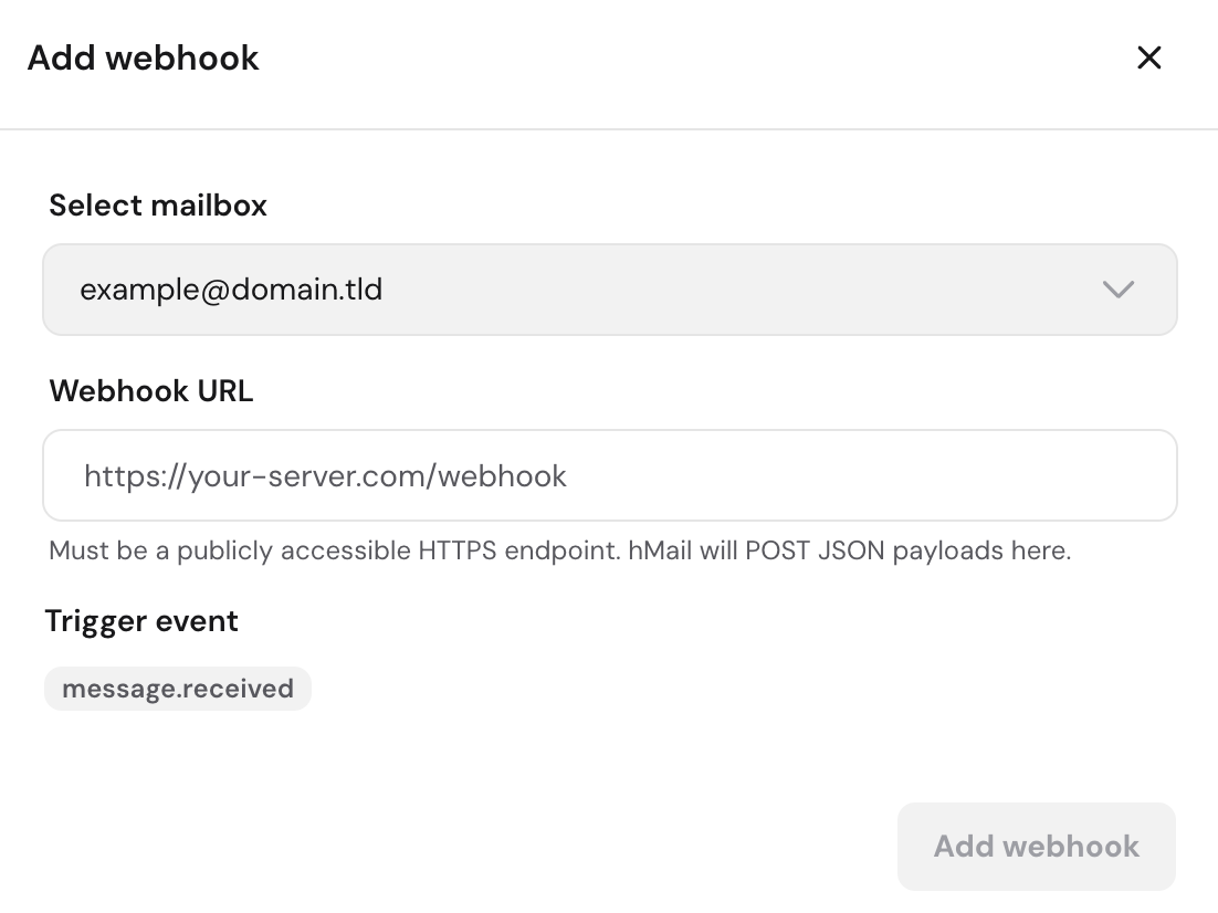 The Add webhook panel in Hostinger Agentic Mail showing the mailbox selector, webhook URL field, and message.received trigger event