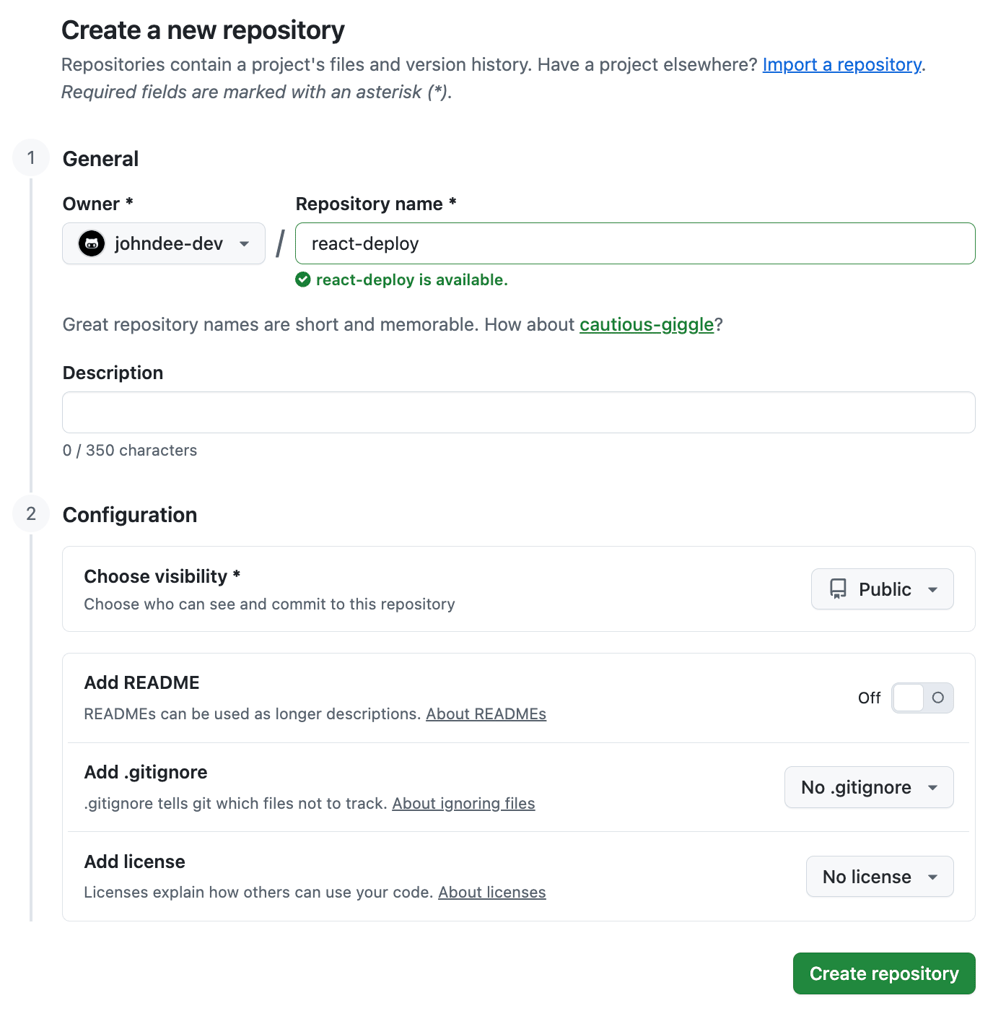 GitHub new repository form with react-deploy as the name and Public visibility