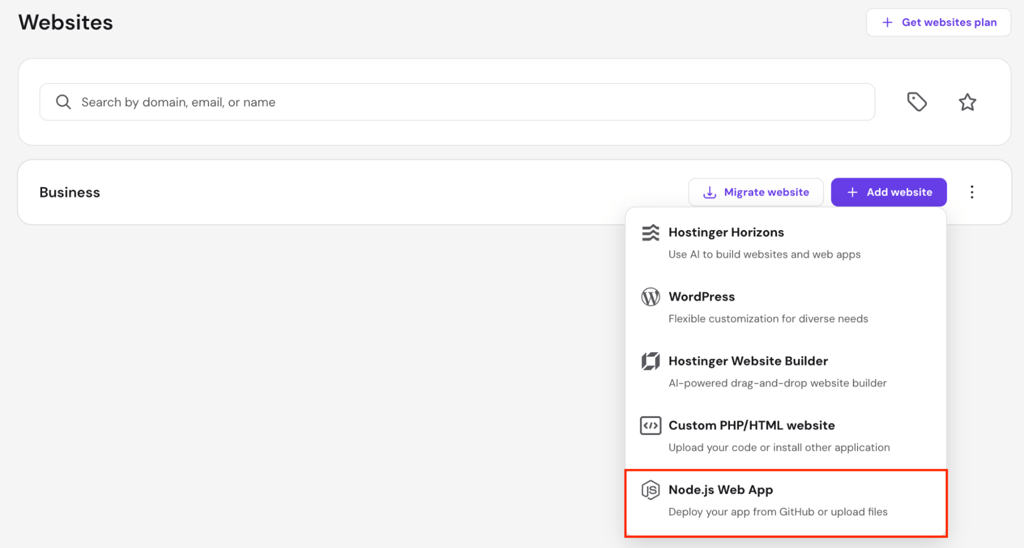 hPanel Websites page with Add website menu showing Node.js Web App option