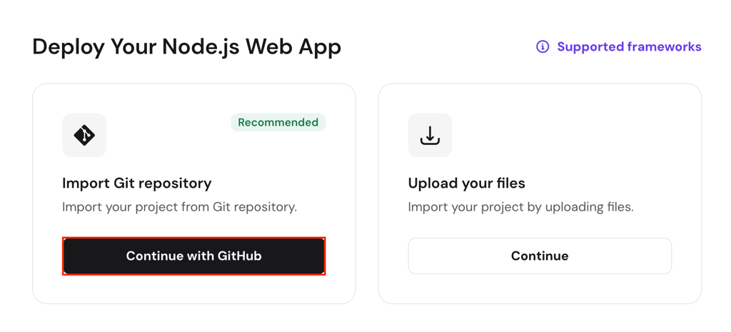 Deploy Node.js Web App screen with Import Git repository and Upload options