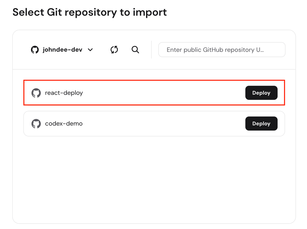 Select Git repository screen with react-deploy repo and Deploy button
