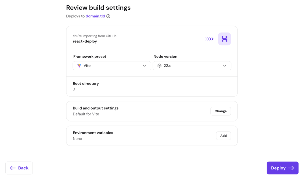 Review build settings for react-deploy with Vite preset and Deploy button