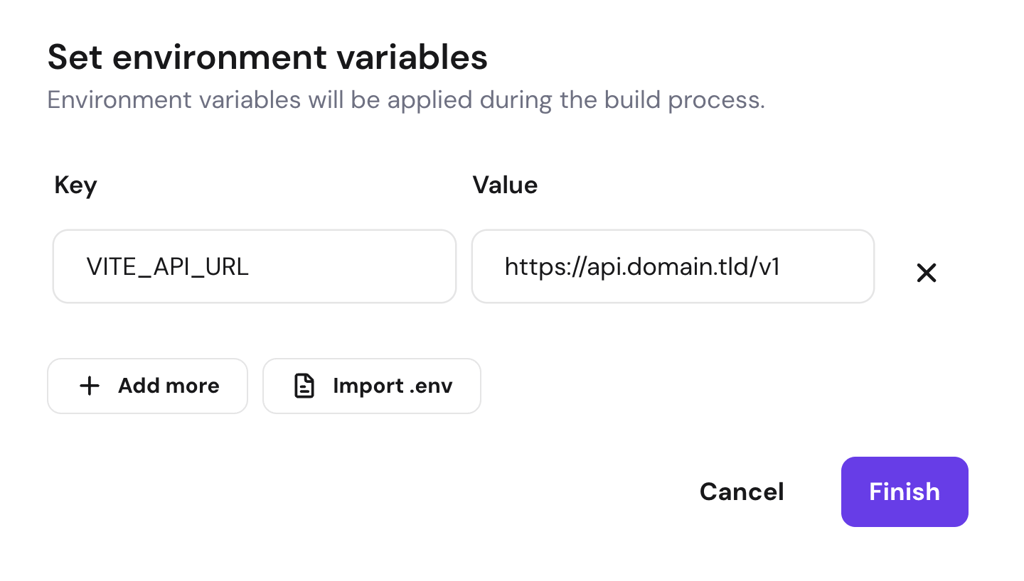 Set environment variables dialog with VITE_API_URL key and API URL value