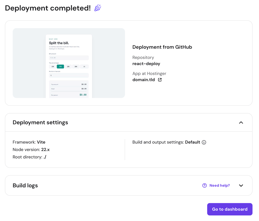 Deployment completed screen with app preview and Go to dashboard button