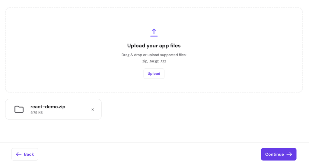 Upload your app files screen with react-demo.zip uploaded and Continue button