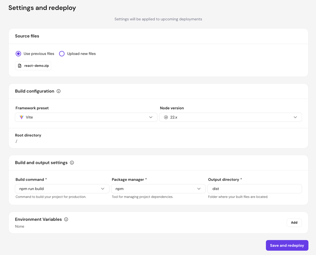 Settings and redeploy page with source files, build config, and environment variables