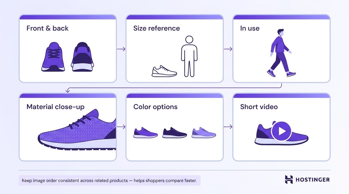 Six-panel product gallery diagram showing the image types that answer shoppers' in-person inspection questions, with a consistency note below.