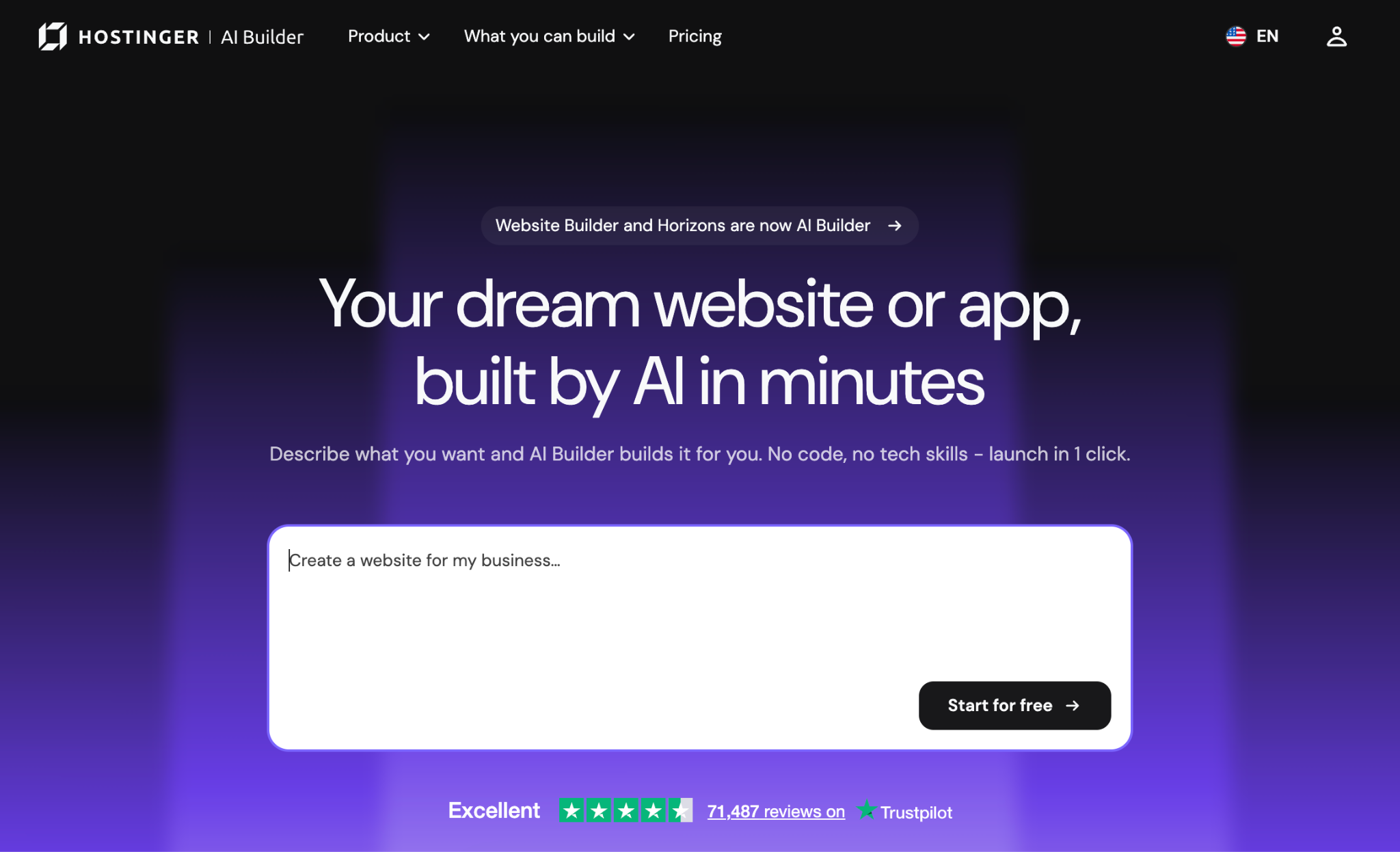 Hostinger AI Builder start page with the AI prompt field highlighted