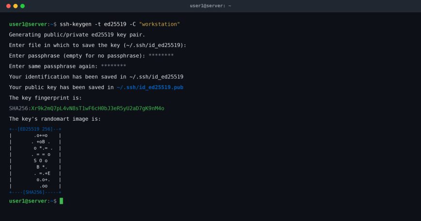 Terminal showing ssh-keygen generating an ed25519 SSH key pair on Linux