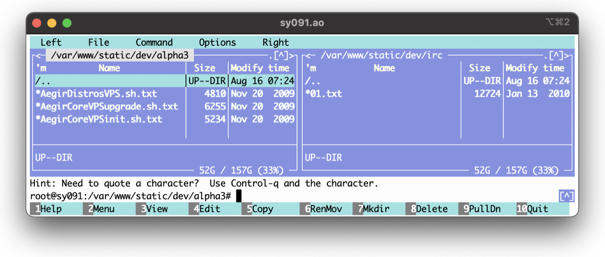 Terminal file listing: the three scripts in dev/alpha3, dated 20 November 2009