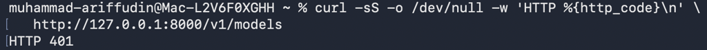 Terminal showing an unauthenticated vLLM API request returning HTTP 401