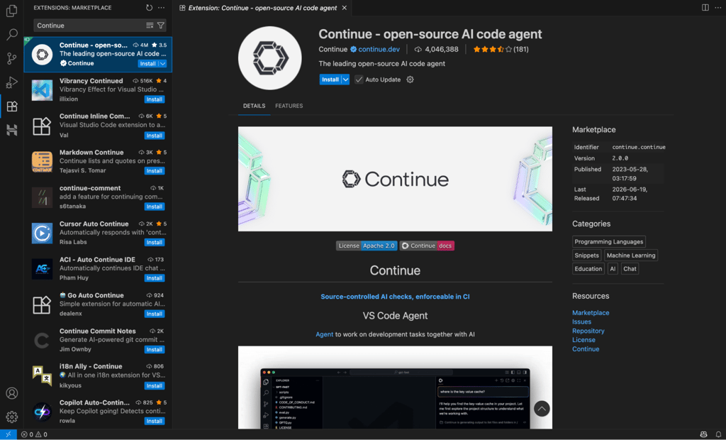 VS Code Extensions Marketplace showing the Continue AI coding assistant extension