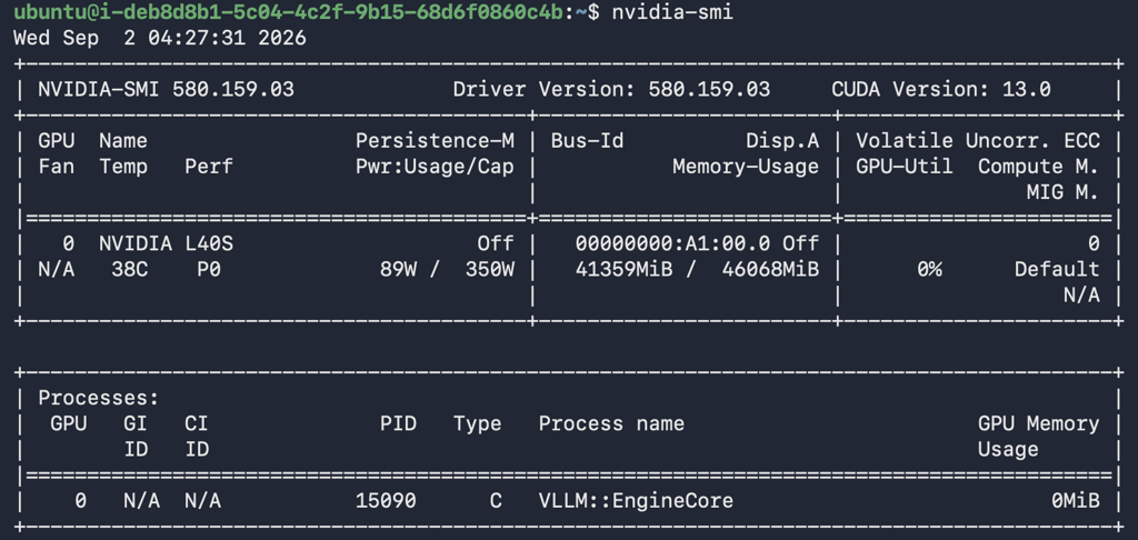 nvidia-smi output showing the loaded vLLM model using about 41 GB of L40S VRAM