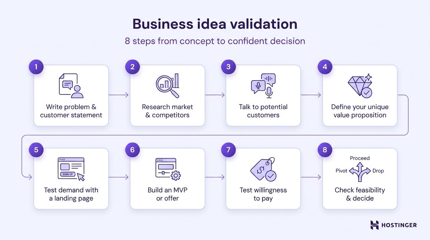 Eight-step business idea validation process, from writing a problem-and-customer statement to deciding whether to proceed, pivot, or drop.