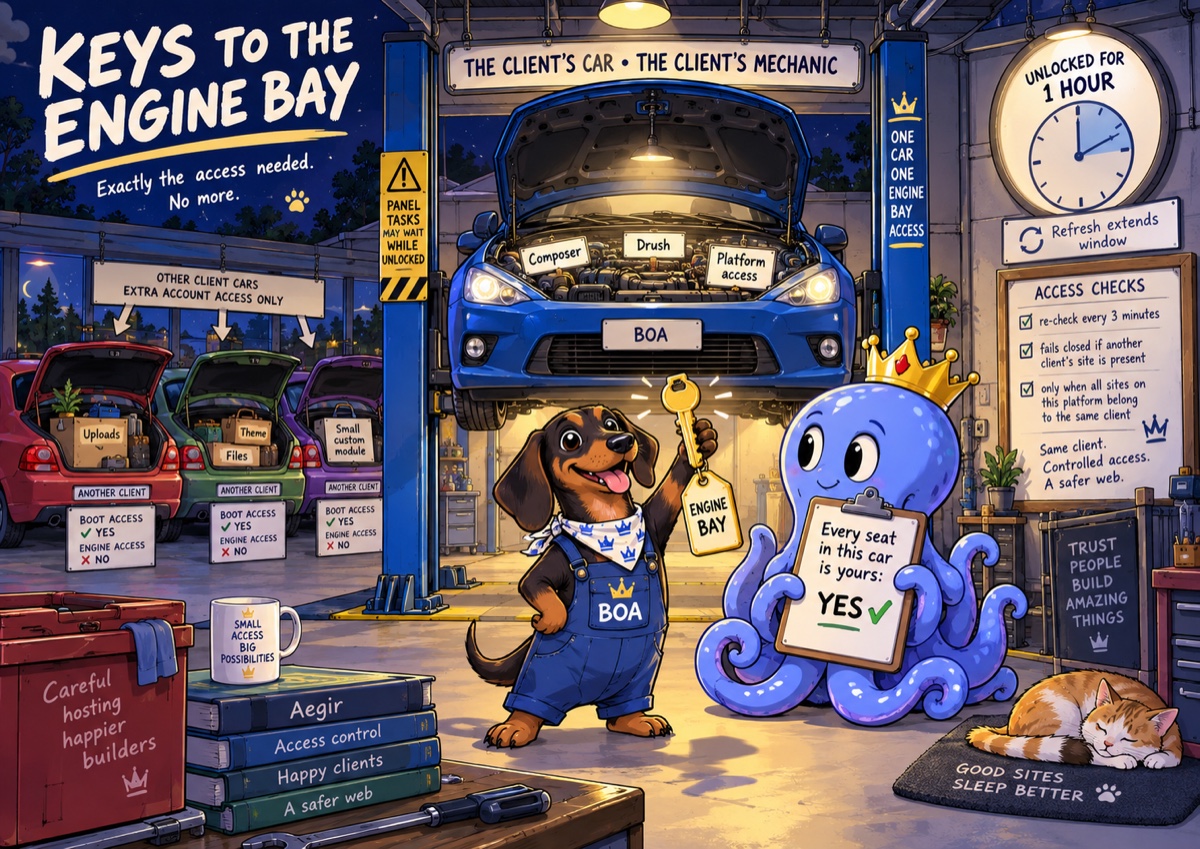 Anime-style halo card, Keys to the Engine Bay, exactly the access needed, no more: a garage at night, a blue car with a BOA number plate up on a lift with its bonnet open and the engine bay labelled Composer, Drush and platform access, under a sign reading the Client's car, the Client's mechanic; the BOA dachshund in a crown bandana and BOA overalls holds up one key tagged engine bay while the crowned octopus beside it shows a clipboard reading every seat in this car is yours, yes; a post on the lift reads one car, one engine bay, access, and a warning sign says panel tasks may wait while unlocked; on the wall a clock reads unlocked for one hour with a note that a refresh extends the window, and an access checks board lists re-check every three minutes, fails closed if another client's site is present, only when all sites on this platform belong to the same client, same client, controlled access, a safer web; along the left three other cars in red, green and purple stand with only their boots open, holding labelled luggage for uploads, theme files and a small custom module, each signed another client, boot access yes, engine access no, under a banner reading other client cars, extra account access only; on the bench a mug reads small access, big possibilities, a stack of books reads Aegir, access control, happy clients, a safer web, a toolbox reads careful hosting, happier builders, a chalkboard reads trust people, build amazing things, and a cat sleeps on a mat reading good sites sleep better