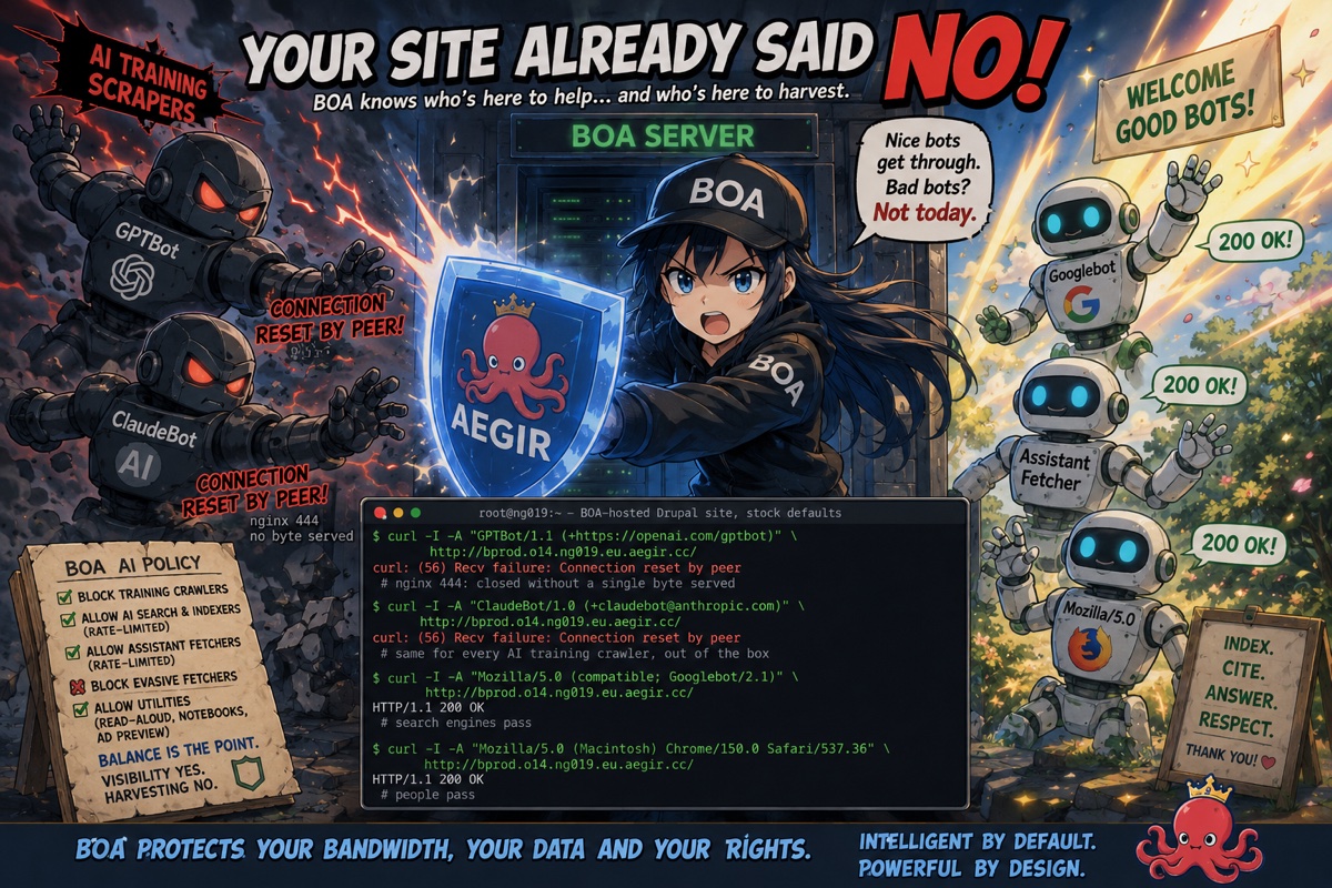 Anime-style halo card: AI training scrapers GPTBot and ClaudeBot bounced off the Ægir shield with connection reset by peer, while Googlebot, an assistant fetcher and a browser walk in past the Welcome Good Bots sign with 200 OK — nice bots get through, bad bots not today
