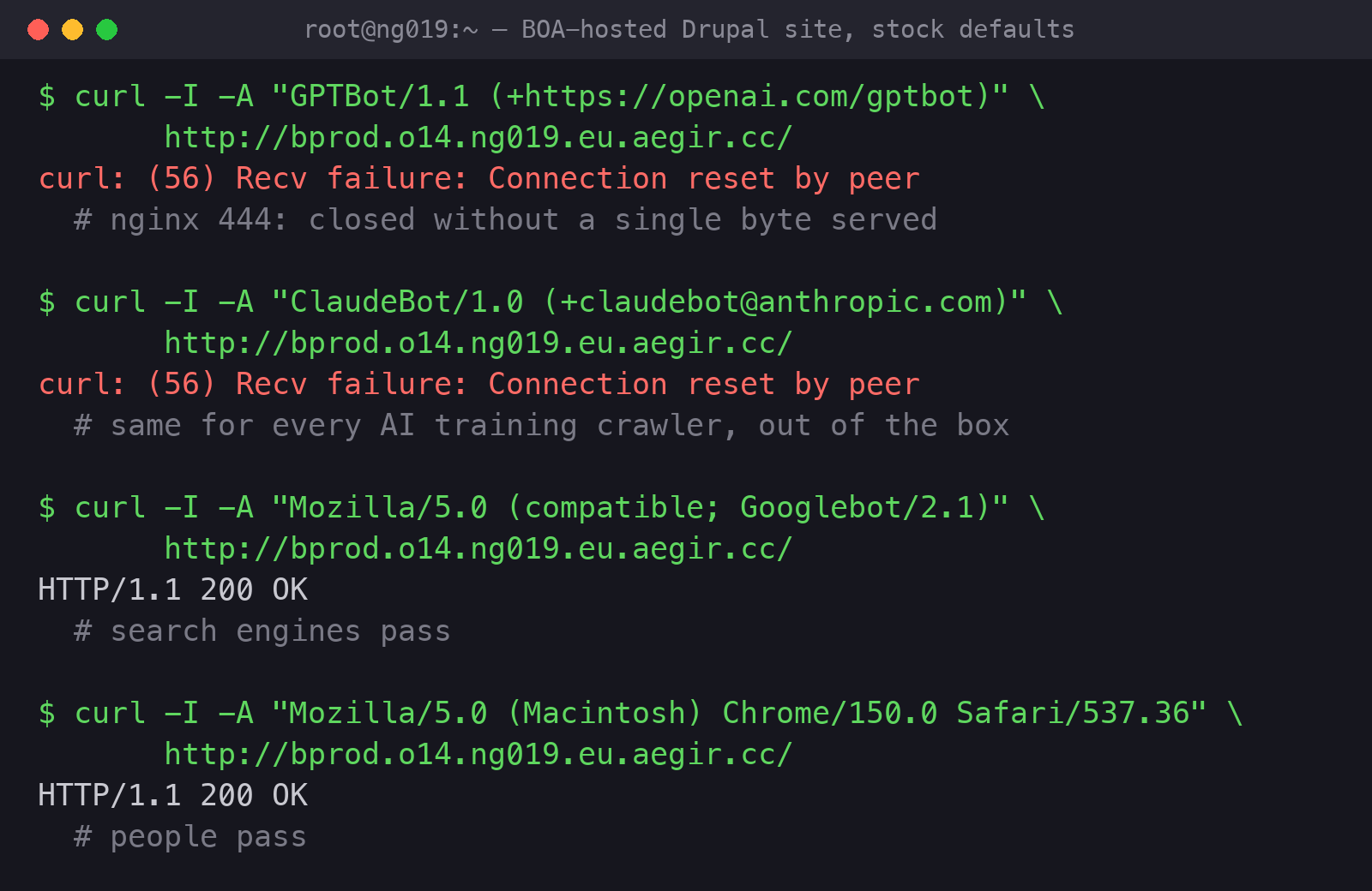 Terminal transcript of four real probes against a stock BOA-hosted Drupal site: GPTBot and ClaudeBot get the connection closed without a byte served, Googlebot and a browser get 200 OK — the front door hanging up on training crawlers while search engines and people pass