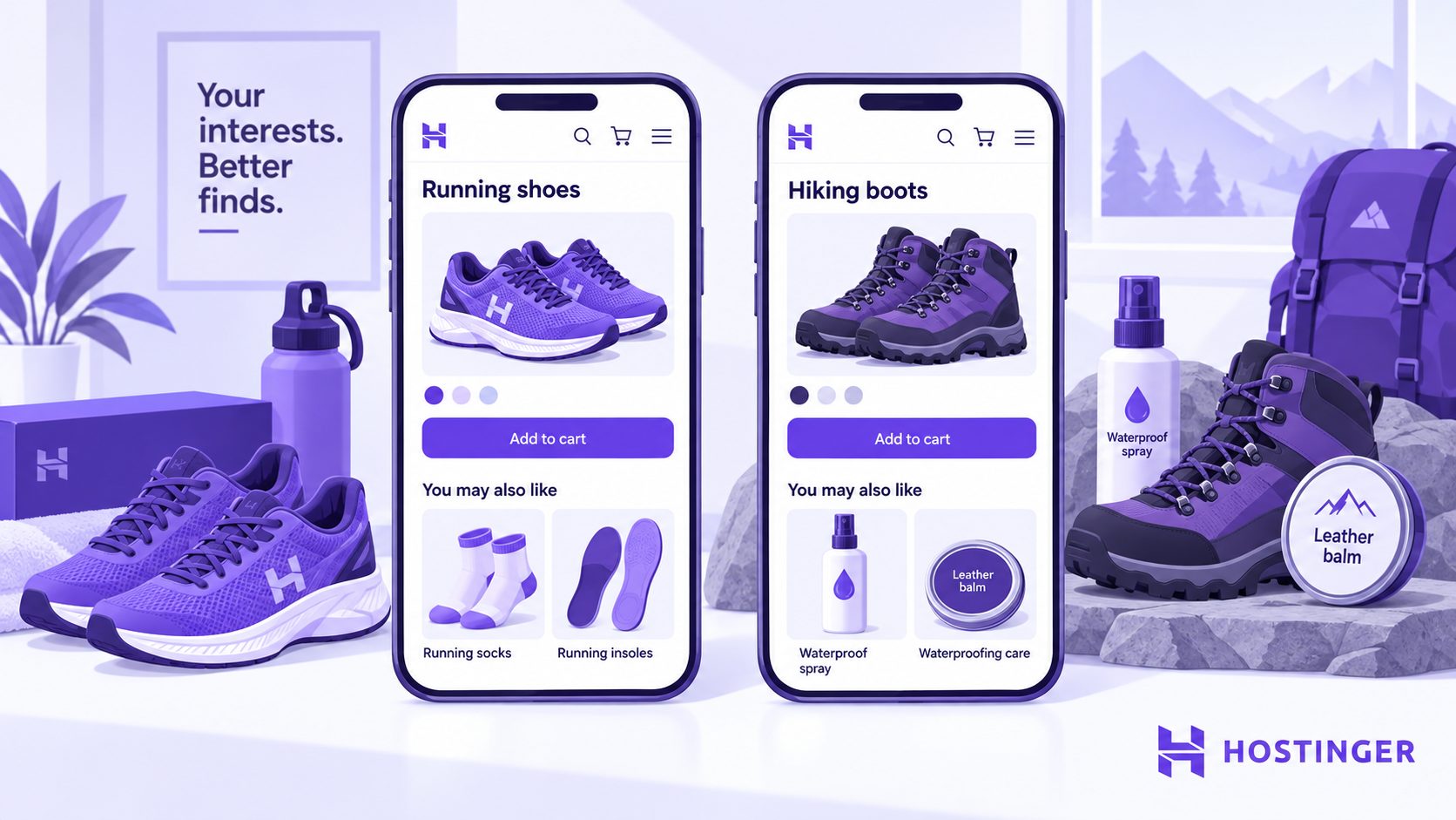 A store recommends running socks and insoles with running shoes, and waterproofing care with hiking boots.