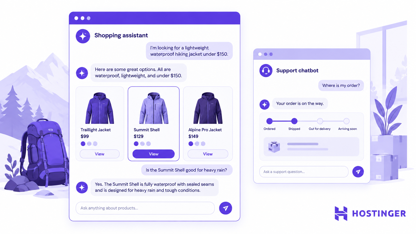 A shopping assistant recommends hiking jackets while a support chatbot helps track an order.