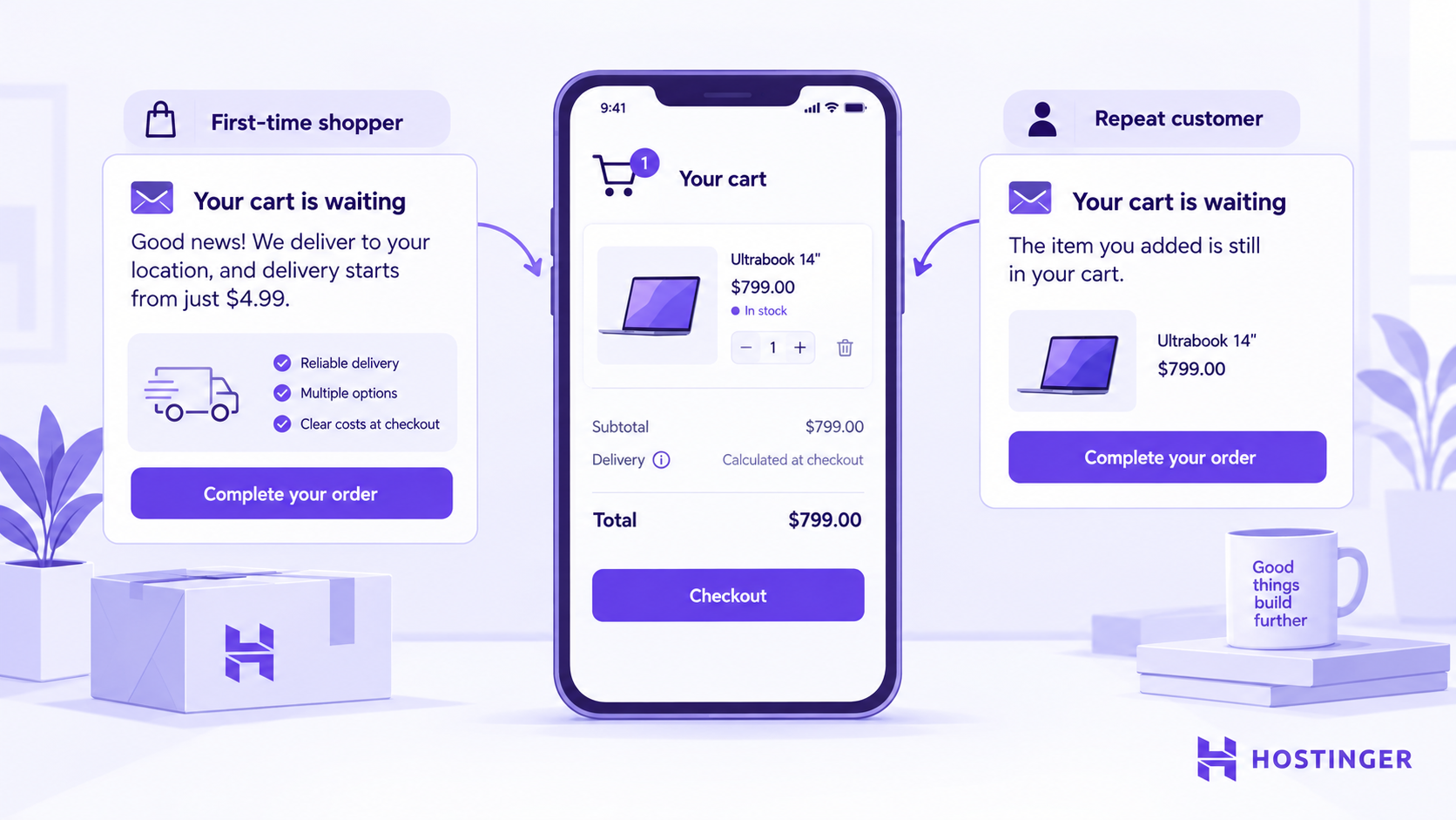 An abandoned-cart reminder offers delivery details to a first-time shopper and a simple reminder to a repeat customer.