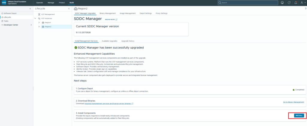 VCF Operations Lifecycle SDDC Manager Upgrades page with Install Components button for VCF management services