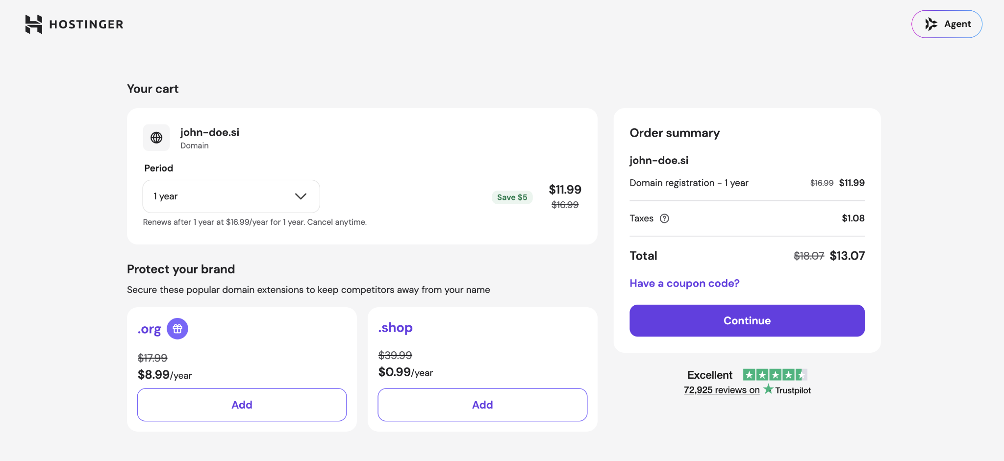Cart summary of buying the john-doe.si domain on Hostinger