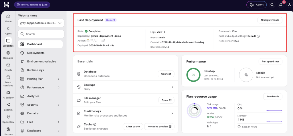 How to deploy from GitHub - 10 Hostinger dashboard showing the new commit and Completed status