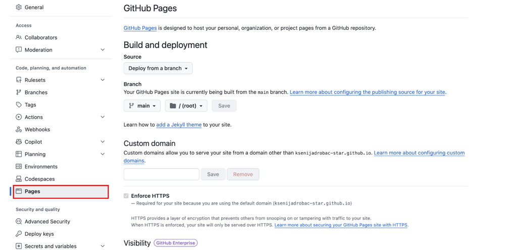How to deploy from GitHub - 13 GitHub Pages configured to deploy from the main branch and /(root) directory