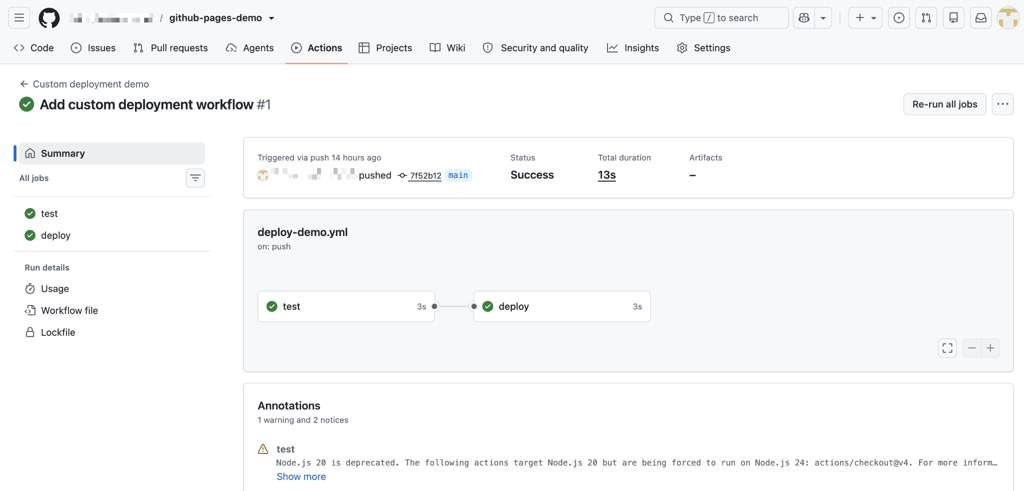 How to deploy from GitHub - 13 GitHub Actions custom workflow showing successful test and deploy jobs triggered by a push to the main branch.