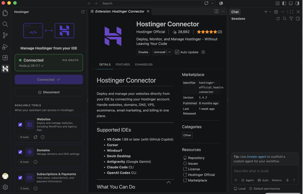 How to deploy from GitHub - 15 Hostinger Connector in VS Code connected to a Hostinger account through OAuth.