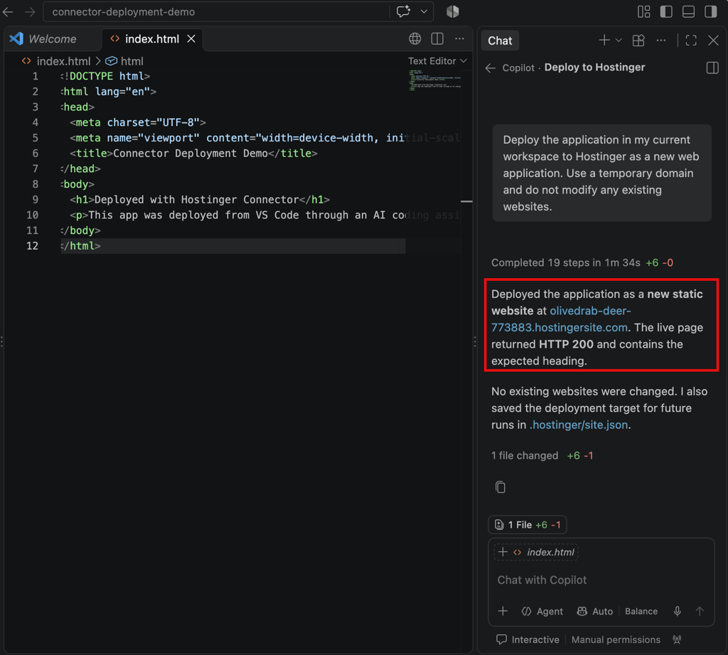 How to deploy from GitHub - 16 Copilot confirming the successful deployment and temporary Hostinger URL