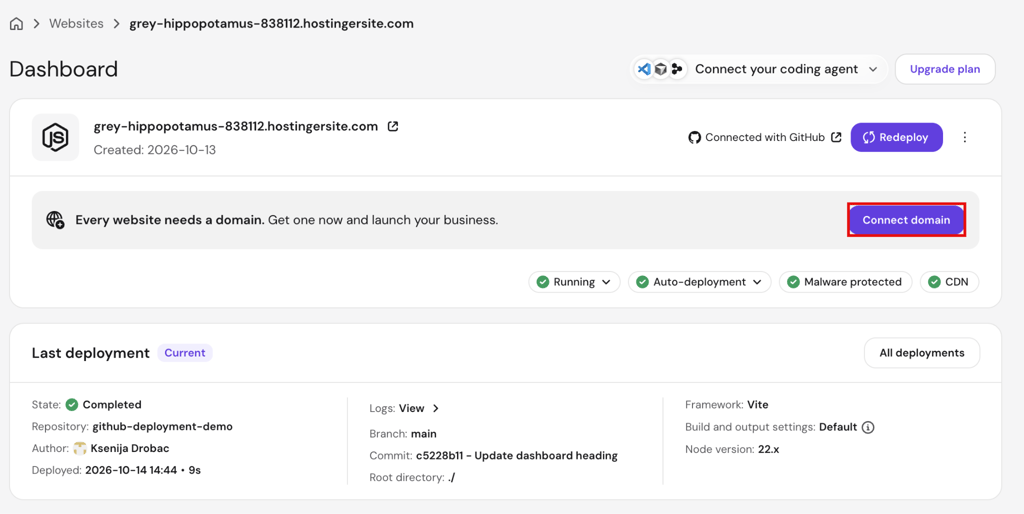 How to deploy from GitHub - 12 Web Apps dashboard showing the temporary domain and Connect domain button.