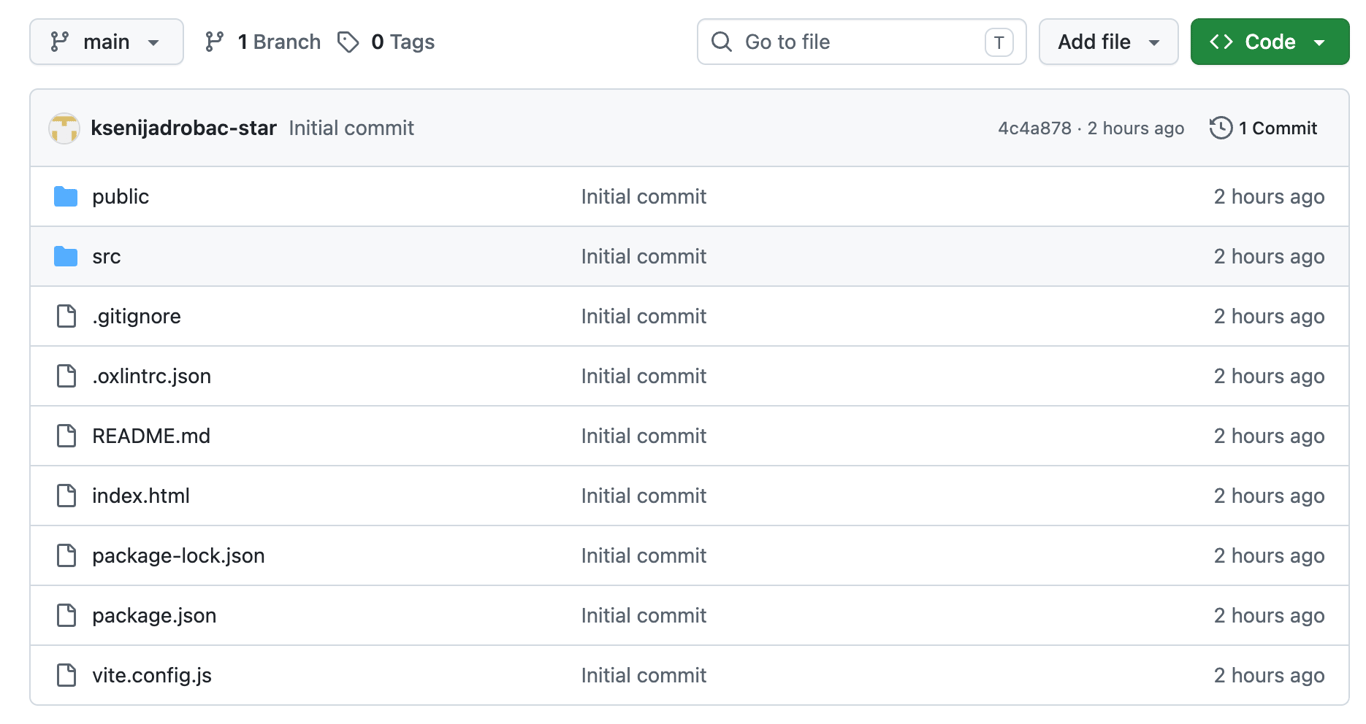How to deploy from GitHub - 2 GitHub repository on the main branch showing the uploaded React and Vite project files.