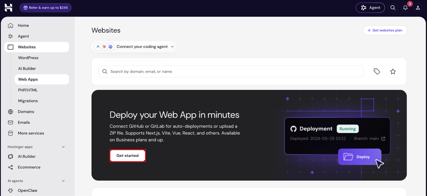 How to deploy from GitHub 3 Hostinger hPanel Web Apps page with the Get started button for deploying a web application.