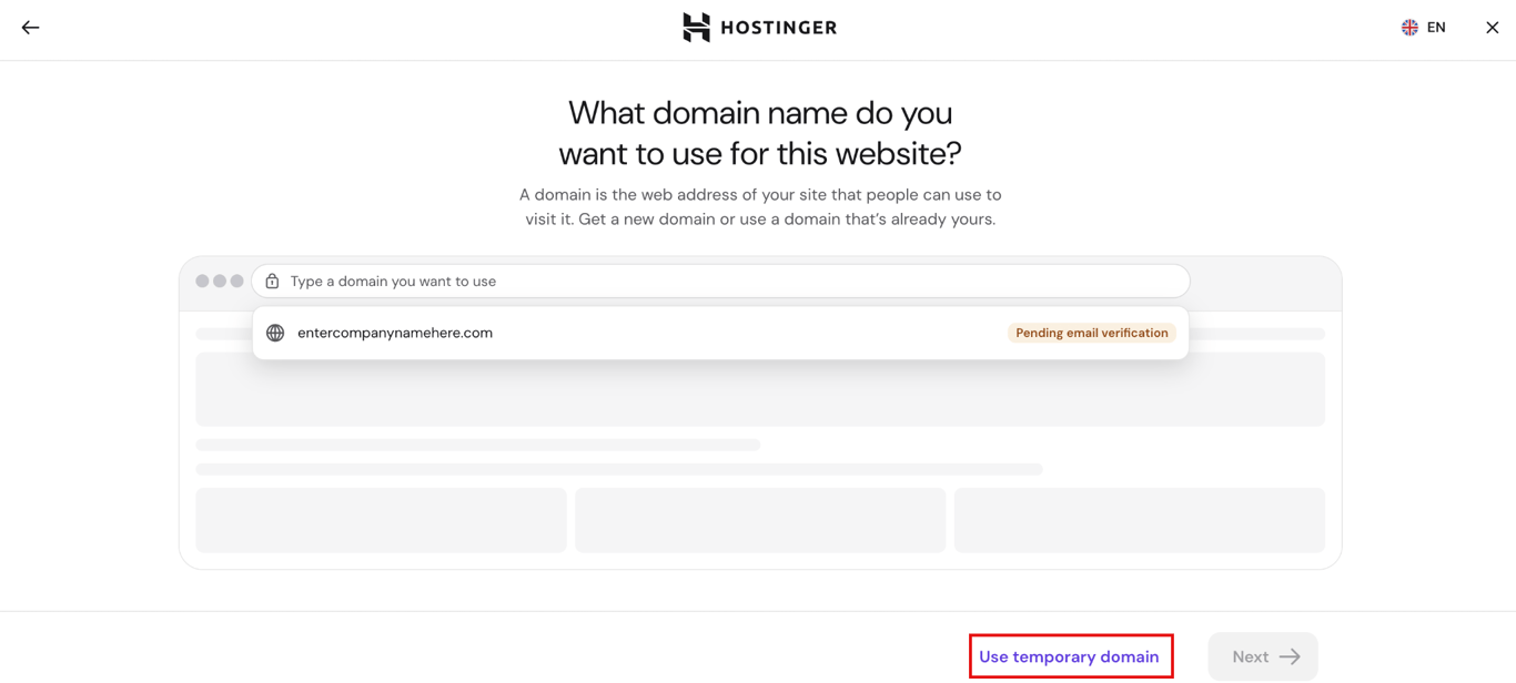 How to deploy from GitHub - 4 Hostinger domain selection screen for a web app with the option to use a temporary domain.