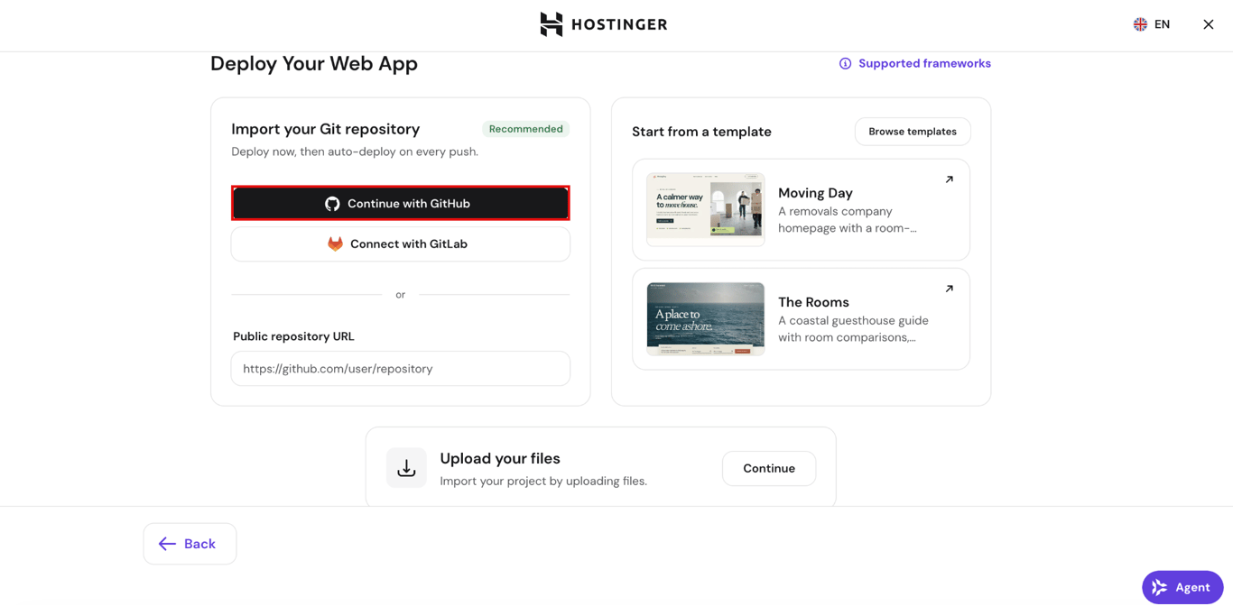 How to deploy from GitHub - 5 Hostinger web app deployment screen with options to connect GitHub, GitLab, or enter a public repository URL.