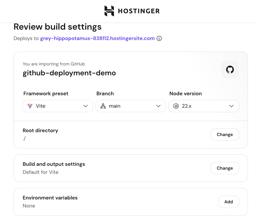 How to deploy from GitHub 7 Hostinger build settings showing Vite as the detected framework and main as the deployment branch.