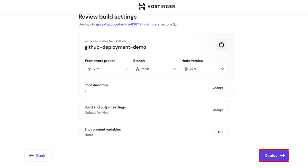 Hostinger's Review build settings screen showing GitHub deployment configuration for a Vite project, with the Deploy button highlighted.